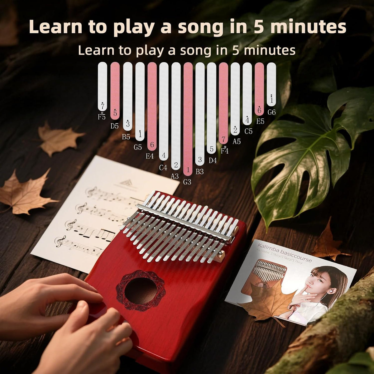 KaLimba Thumb Piano 17 Keys, Red Portable Mbira Finger Piano with Tune Hammer and Instruction, Musical Instruments