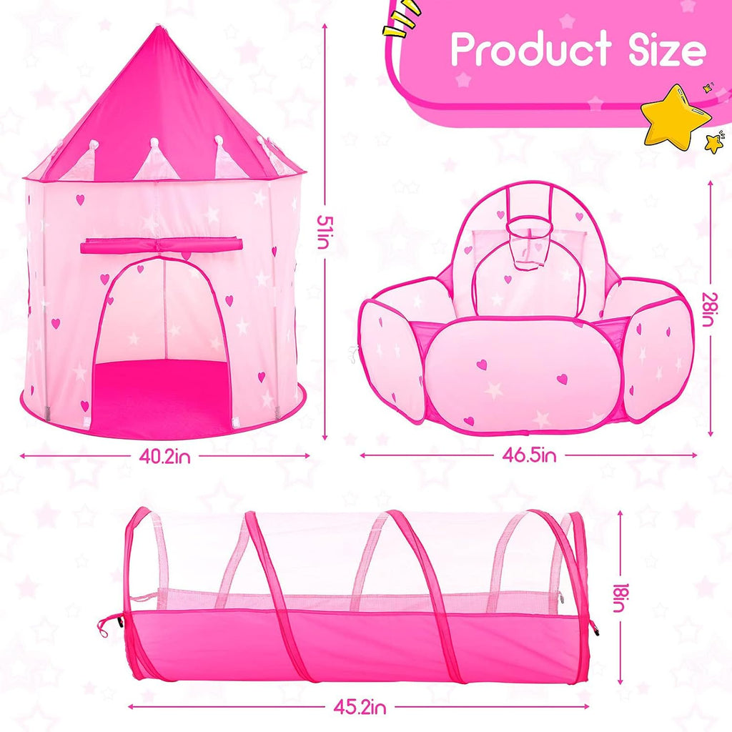 3pc Kids Play Tent for Girls with Ball Pit, Crawl Tunnel, Princess Tents for Toddlers, Baby Space World Playhouse