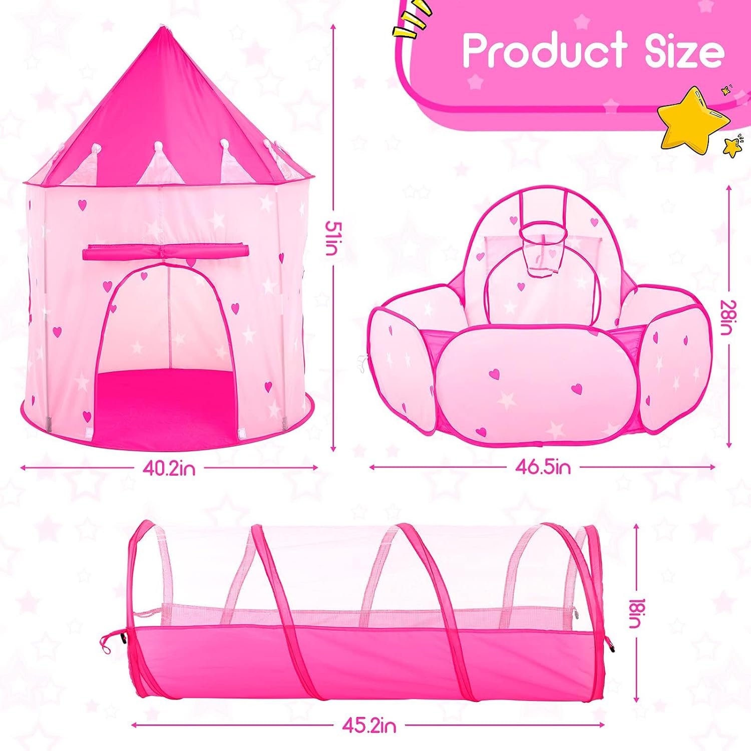 3pc Kids Play Tent for Girls with Ball Pit, Crawl Tunnel, Princess Tents for Toddlers, Baby Space World Playhouse
