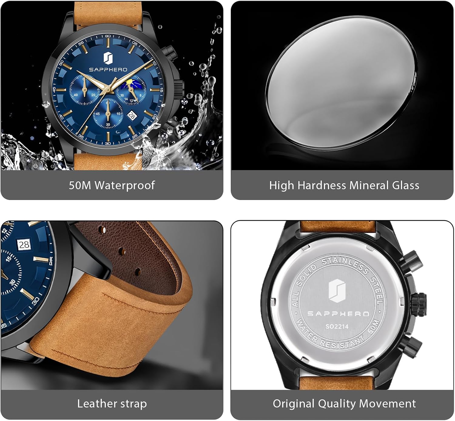 Chronograph Watches for Men, Original Business Casual Stainless Steel Analog Watch 50M Waterproof Luminous Watches
