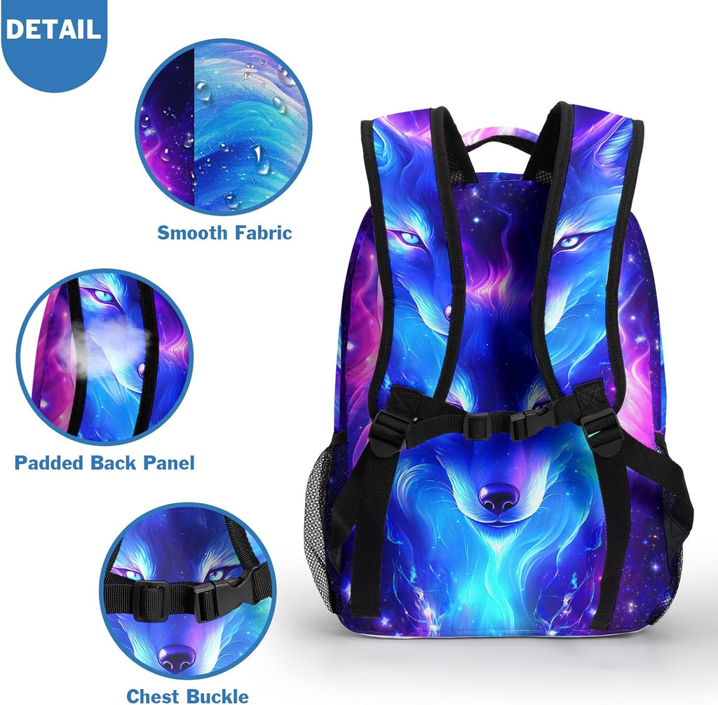 Wolf Galaxy Backpack for Boys Girls Cool Starry Sky Wolf Kids Bookbag Blue Purple Animal Print School Bag Lightweight