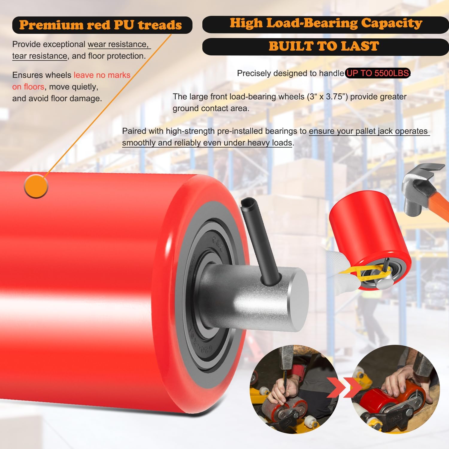 Pallet Jack/Truck Full Wheel Replacement Kit, Pair Steering Wheels (7"x 2"), Pair Front Load Roller(3" x 3.75"), with