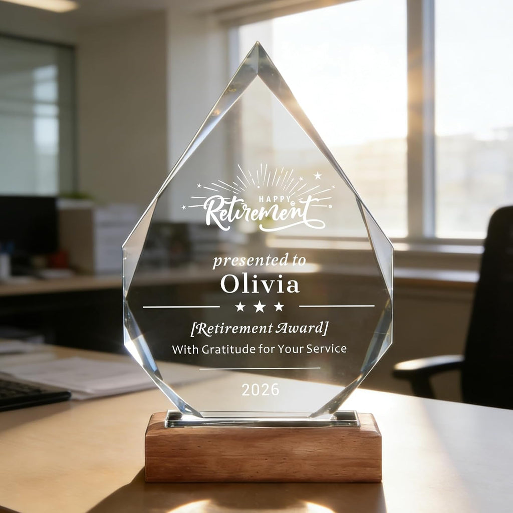 SHIP NEXT DAY, Personalized Crystal Award Trophy - Custom with Company Logo Text & Employee Name, Engraved Award for