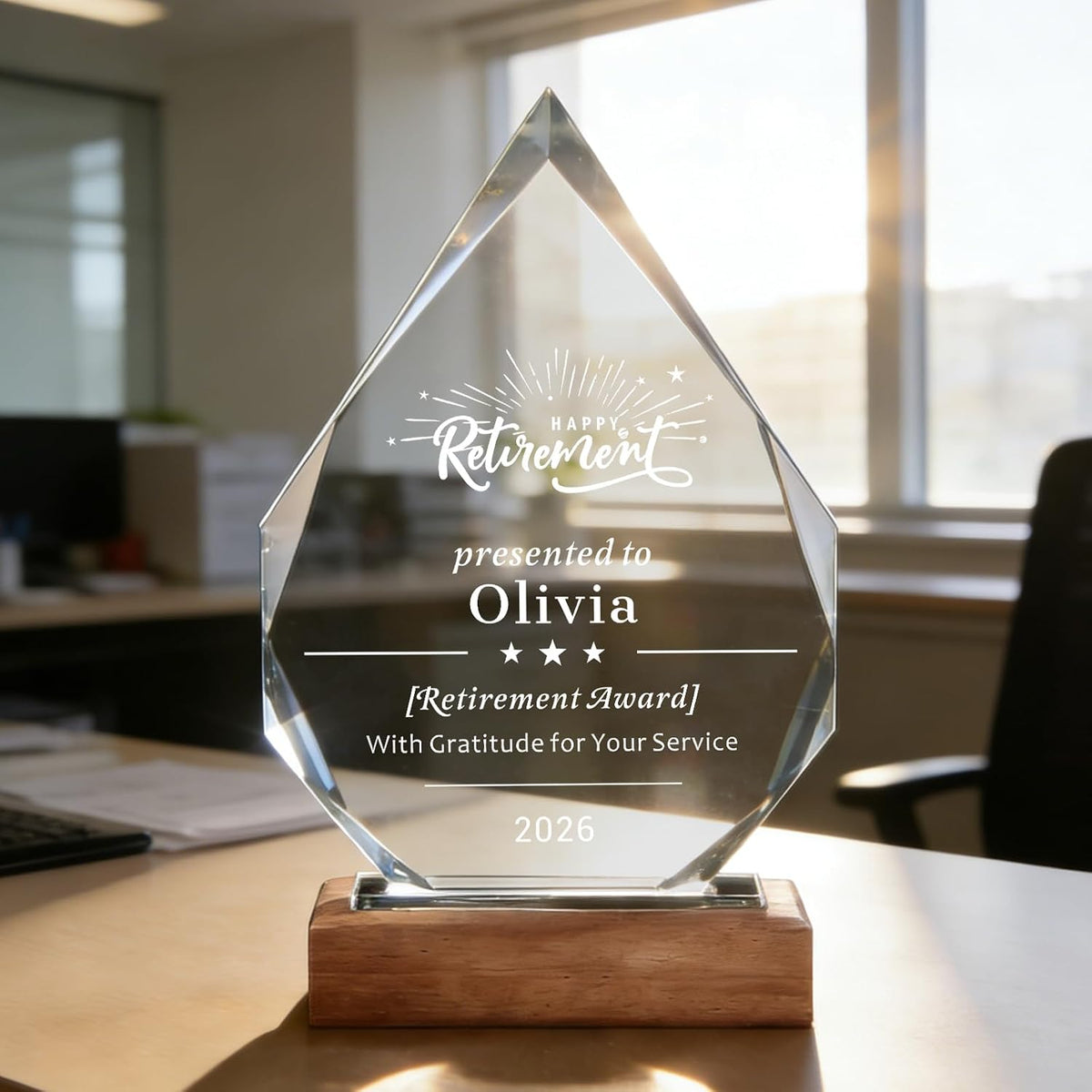 SHIP NEXT DAY, Personalized Crystal Award Trophy - Custom with Company Logo Text & Employee Name, Engraved Award for