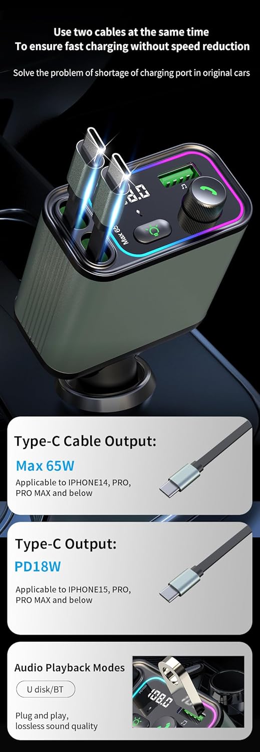 3 in 1 Retractable Car Charger Adapter & FM Transmitter Bluetooth Mp3 Player- Max 65W + 18W with 2 PD Fast Charging,2