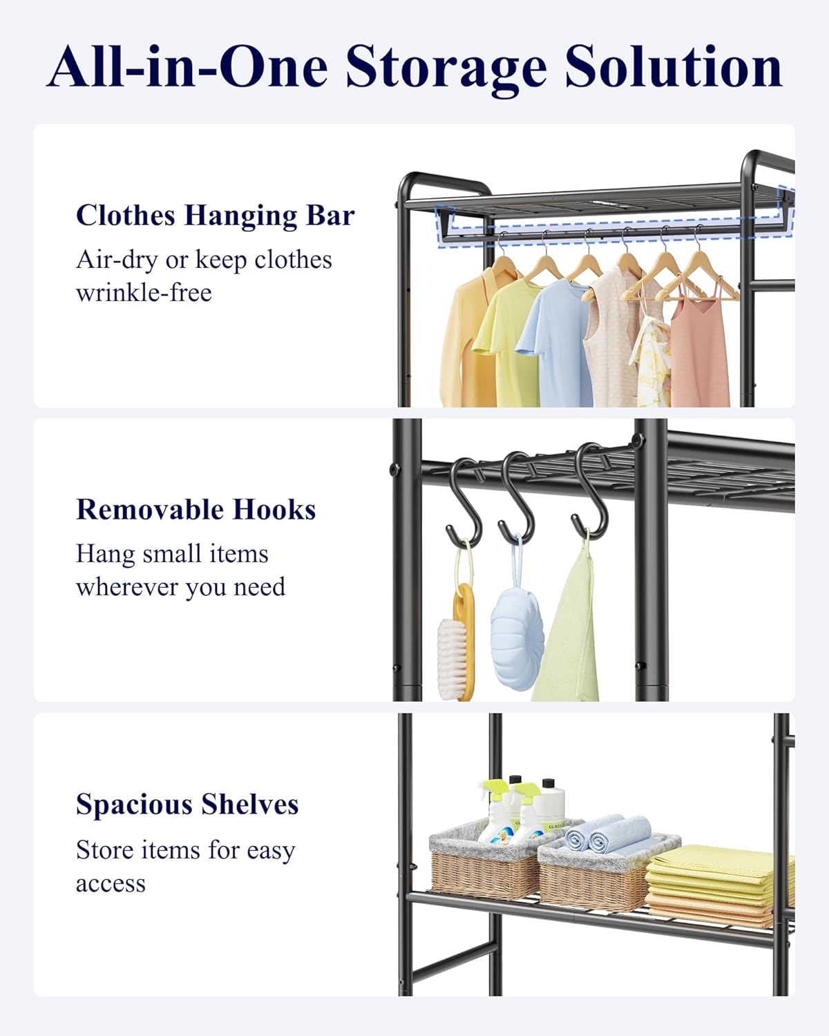 Laundry Room Shelves - Multi-Functional Over Washer and Dryer Shelves with Hanging Bar & Removable Hooks