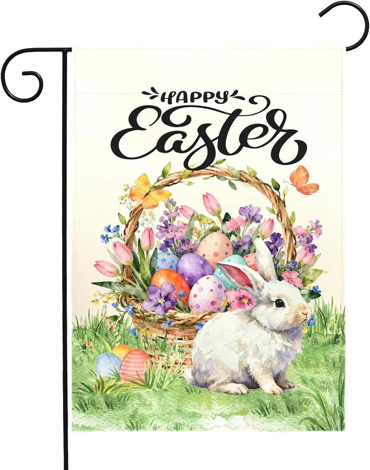 Happy Easter Garden Flag with Bunny Basket Spring Tulips Wildflowers Eggs Cute Rabbit Yard Flags Double Sided Welcome