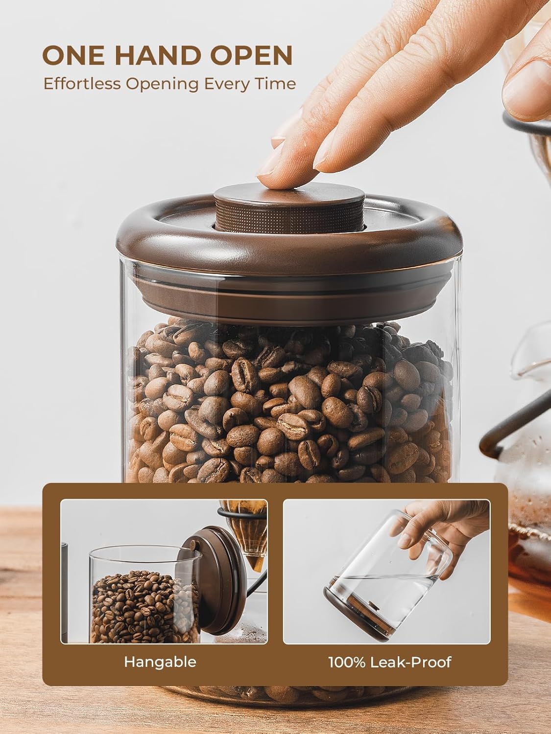 Glass Coffee Bean Jar – Pop Top Air Tight Coffee Bean Container with CO2 Valve, 10 oz Coffee Storage Airtight