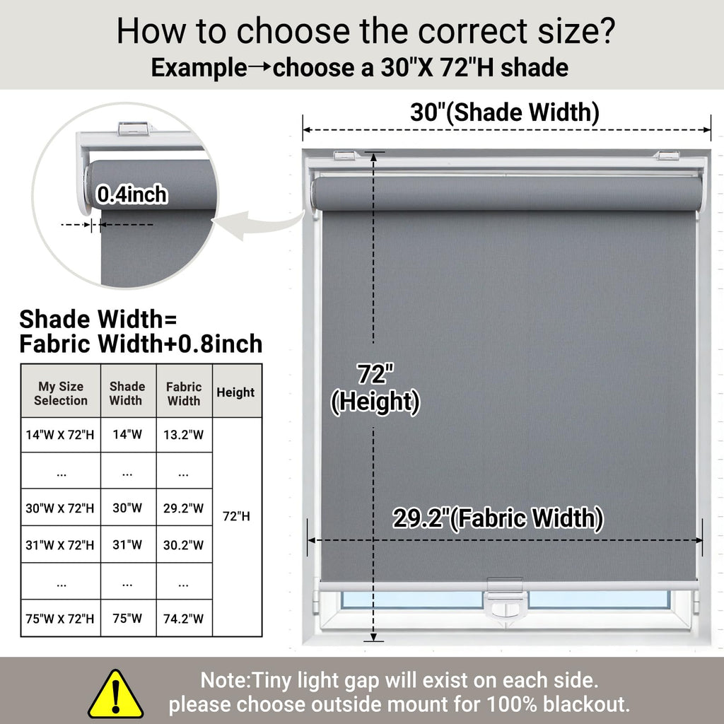 Light Filtering Roller Shades for Indoor Windows, 14" W x 72" H, Grey