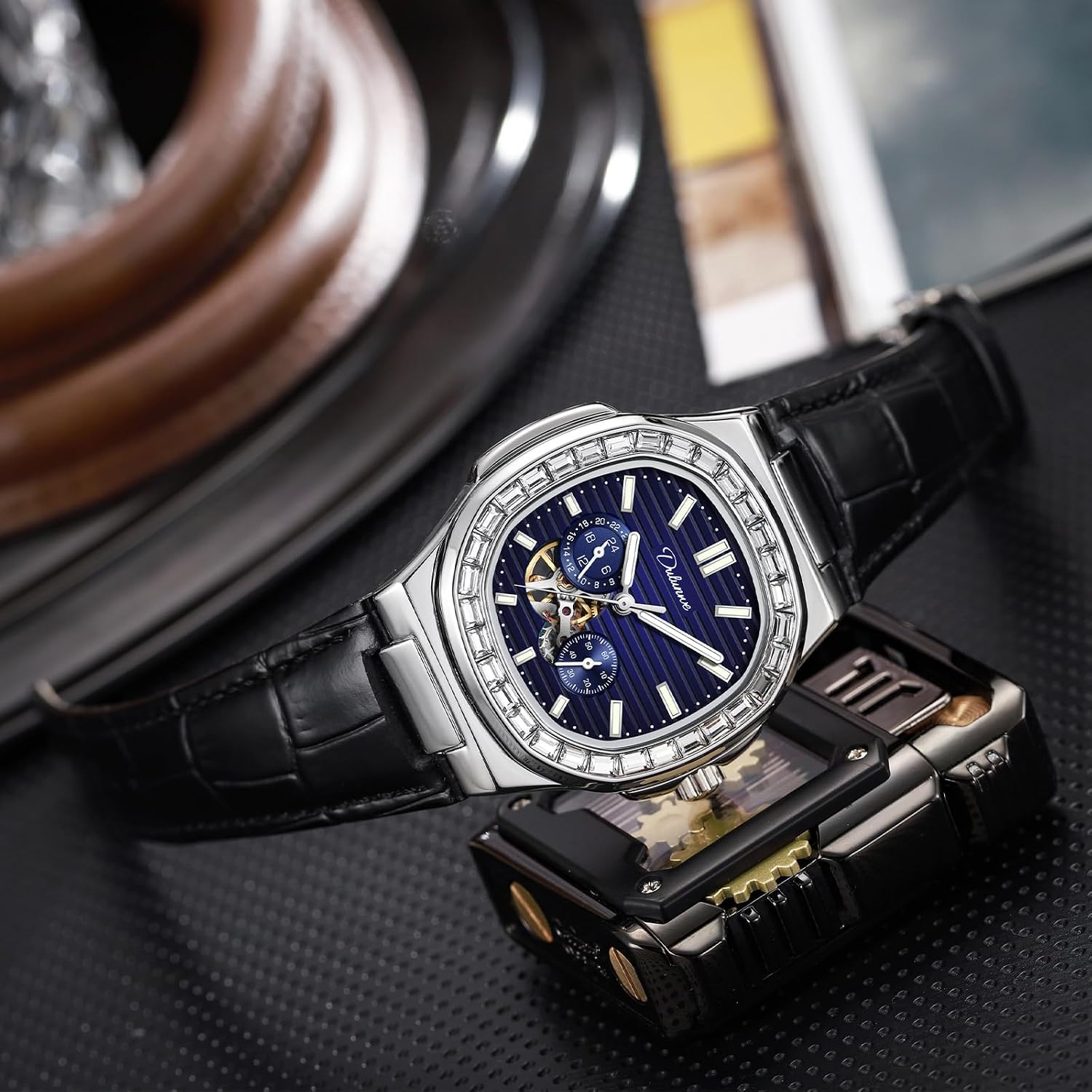 Dulunwe Men‘s Watches Mechanical Automatic Winding Elegant Luxury Leather Wristwatch with Square Analog Chronograph