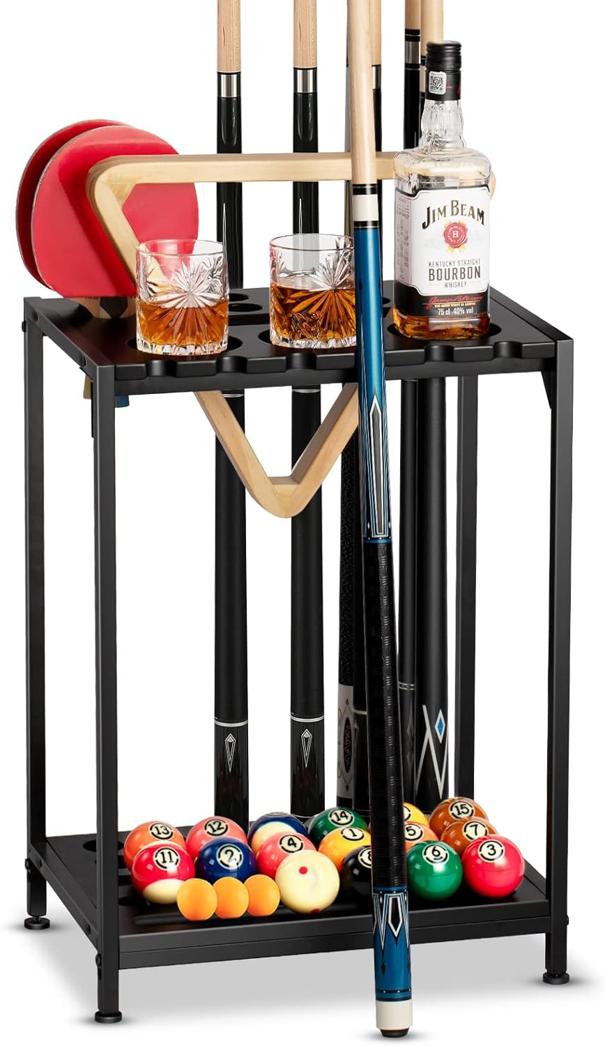 Pool Cue Rack Floor Stand, Metal & Wood, 12 Cues & Ping Pong, Black | Billiard stick holder and pool table