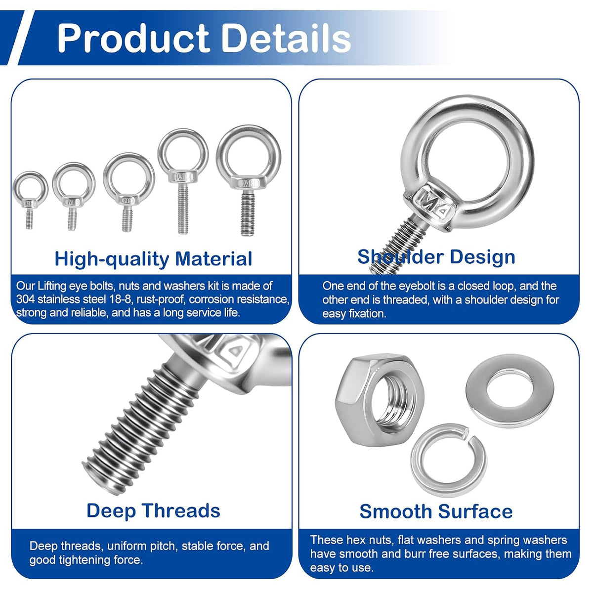 12 Pack M4 Stainless Eye Bolts with Nuts Washers, 0.39"(10mm) Thread Length