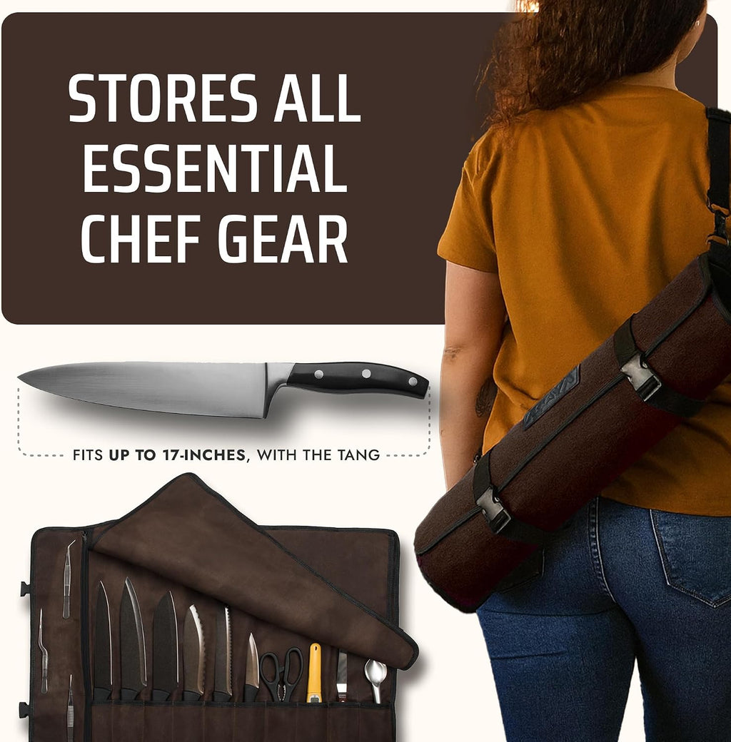 Waxed Canvas Chef Knife Roll Bag with 10 Slots and a Zipper Pocket - Professional Chef Knife Bag & Storage Case, with