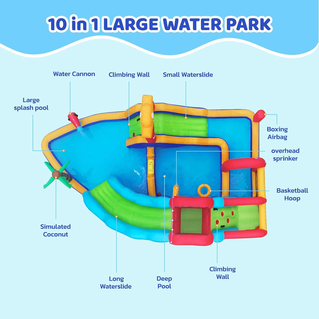 Inflatable Water Slide Bounce House, 10 in 1 Inflatable Water Park with Blower, 2 Slides & 2 Climbing Walls & 2 Water