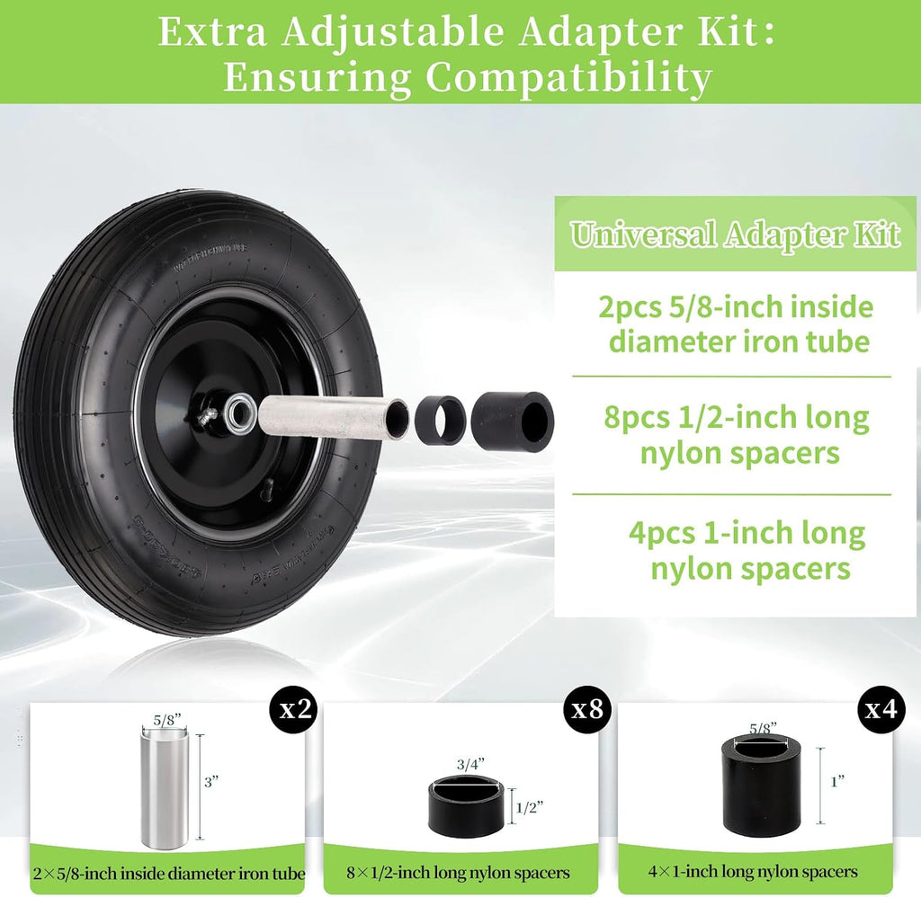 4.80/4.00-8 Tire and Wheel, 16" Pneumatic Wheelbarrow Tires, 2 Pack | Wheel Barrow Wheels and Tires, 3" Centered Hub
