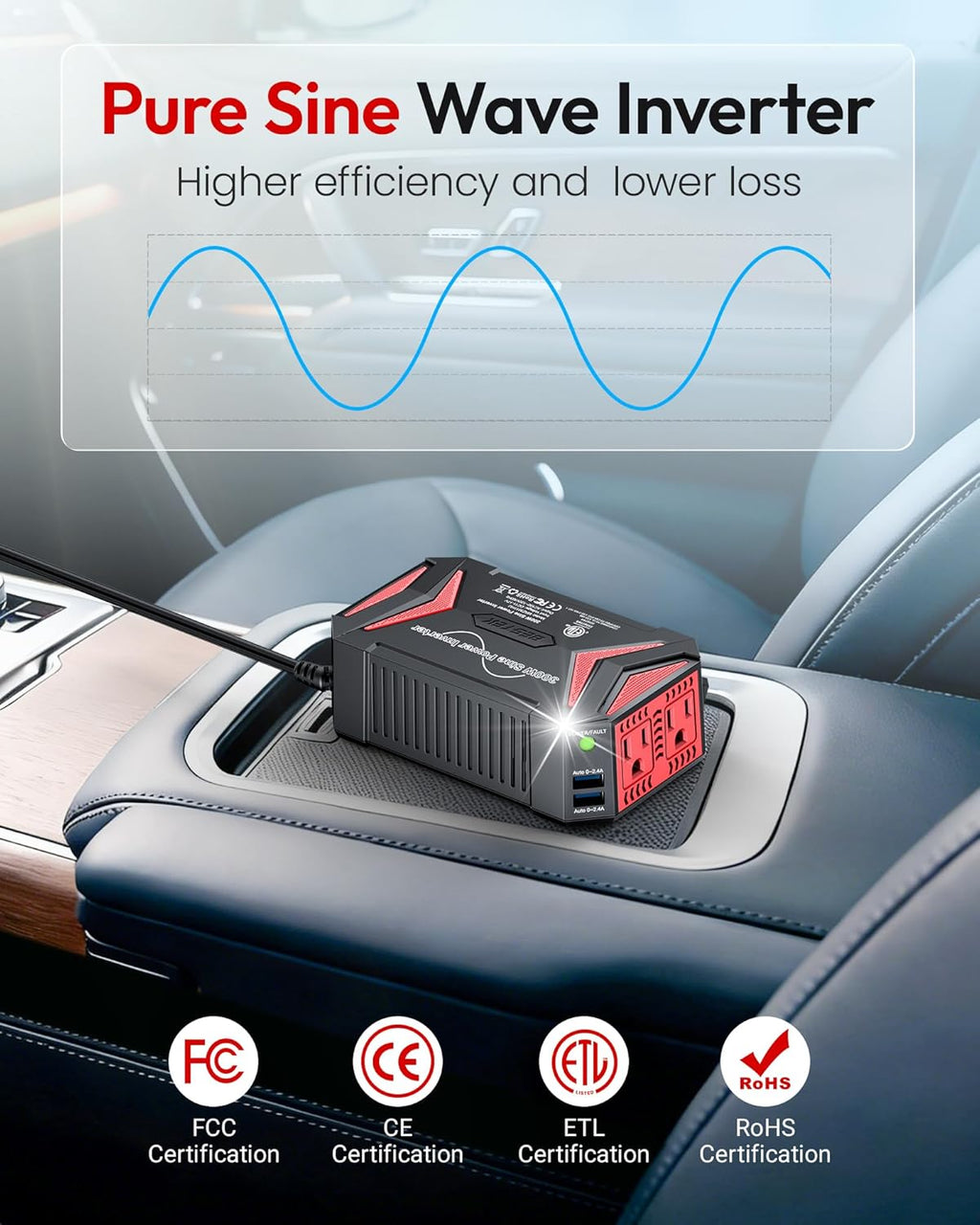 Pure Sine Wave Power Inverter, 300W DC 12-17V to 110V AC Car Adapter | Vehicle Plug in Cigarette Lighter Outlet Solar