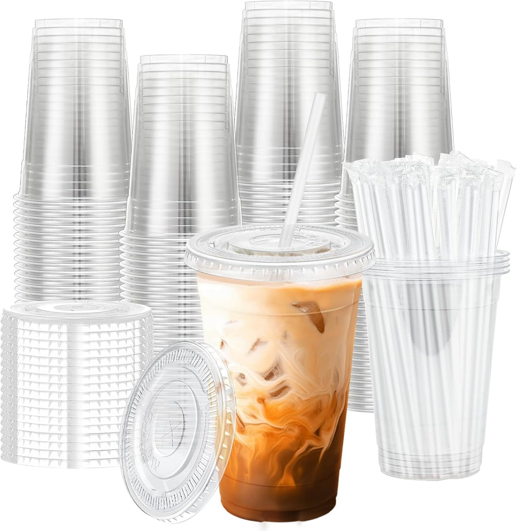 20 oz 100 Pack Clear Plastic Iced Coffee Cups with Lids Disposable