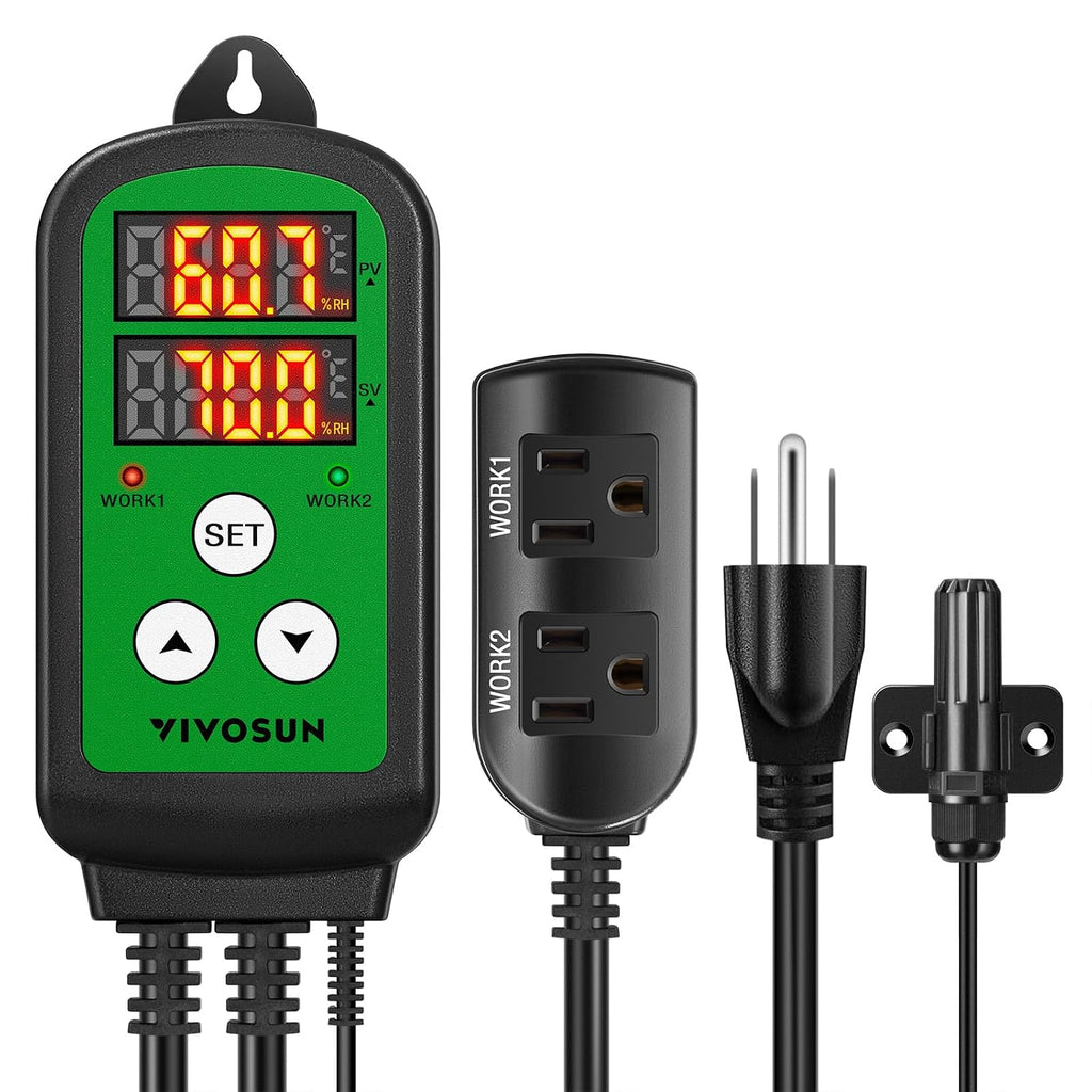 Humidity Controller, 1200W Dual-Stage Outlet, Pre-Wired Digital Humidistat with Dual LED Displays for