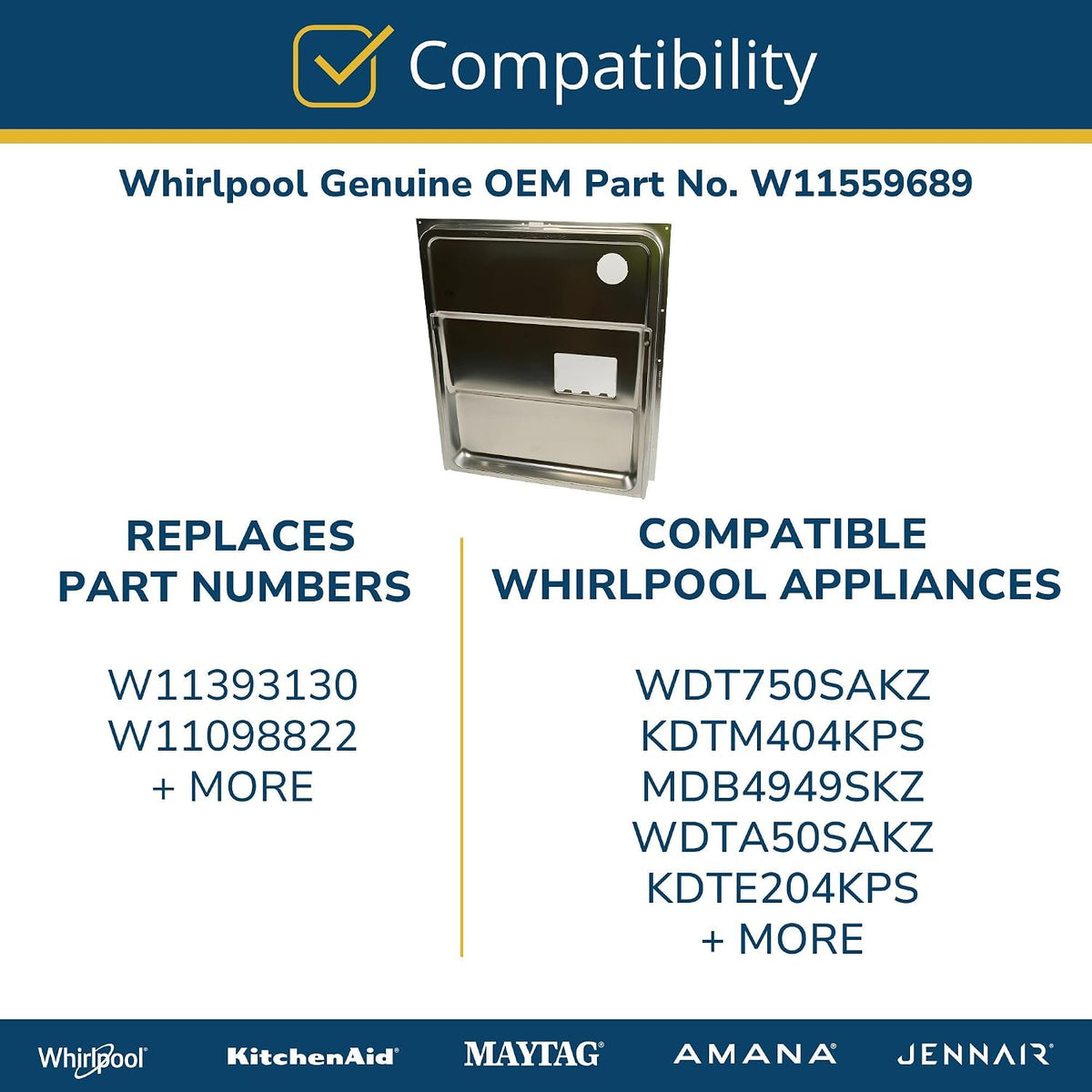 Whirlpool W11559689 Genuine OEM Dishwasher Inner Door Panel Replacement Part