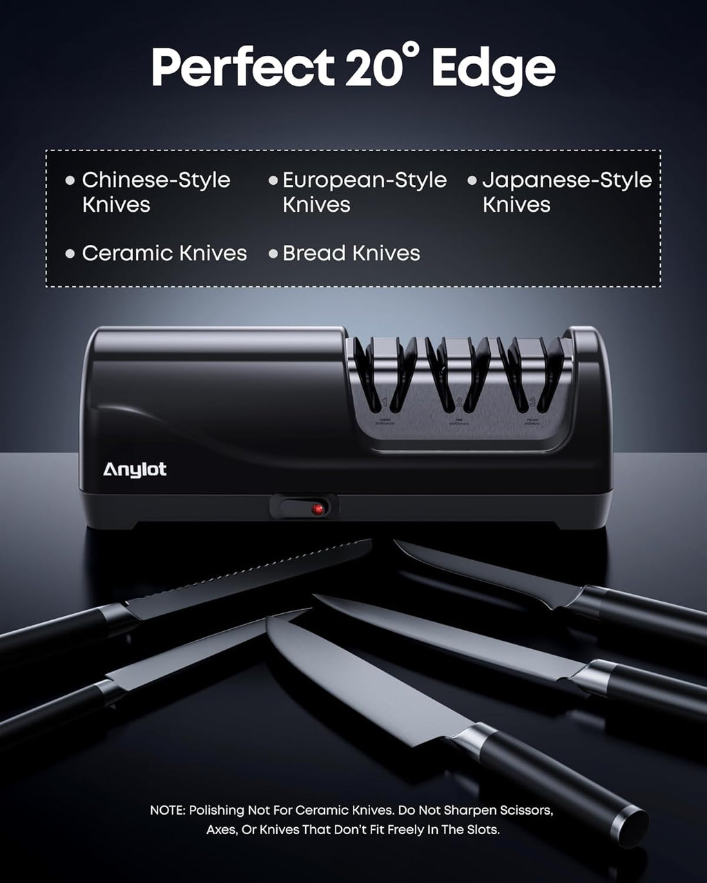 Electric Knife Sharpener for Kitchen, 3-Stage Knife Sharpener Electric with 100% Diamond Abrasives, 20° Precision