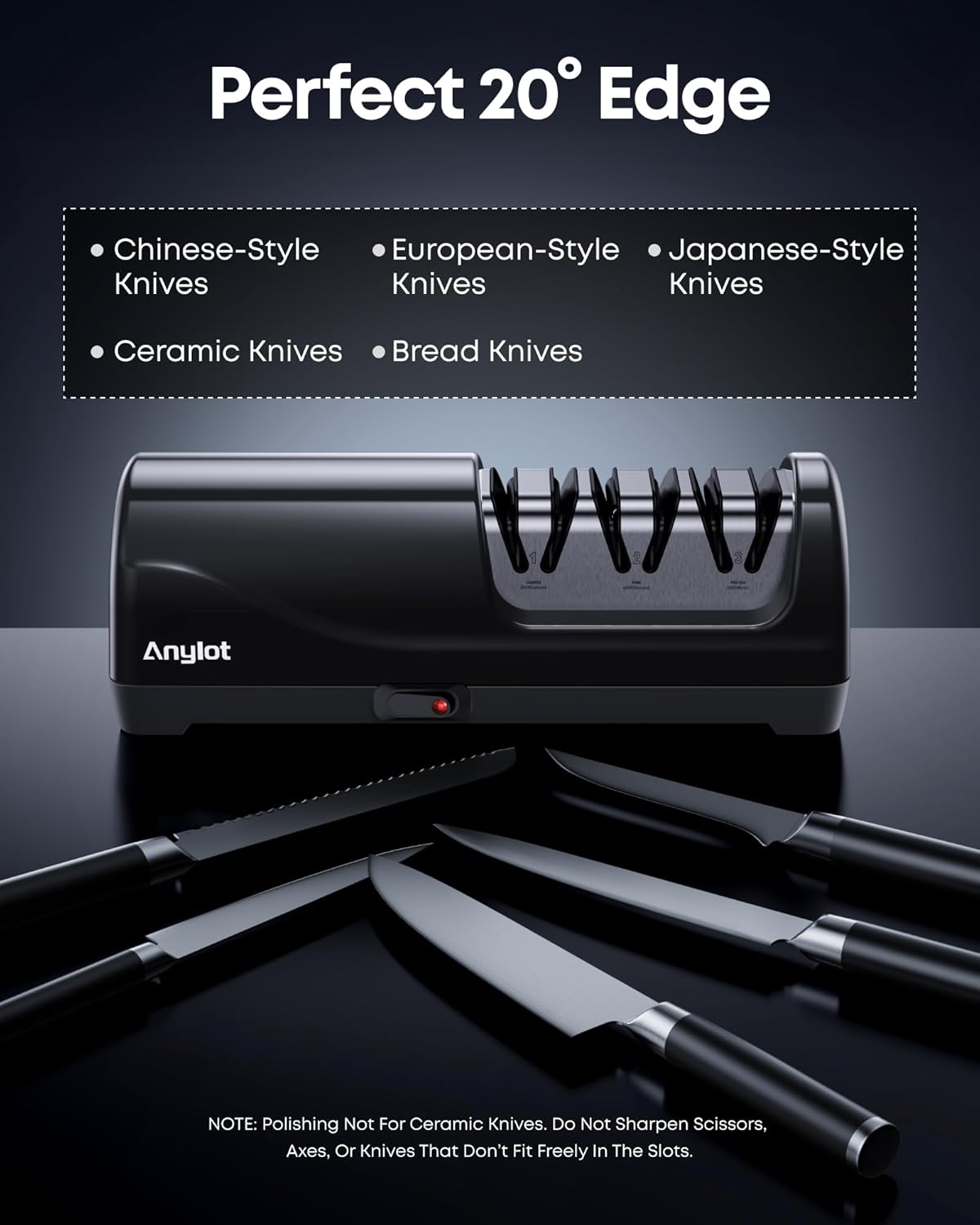 Electric Knife Sharpener for Kitchen, 3-Stage Knife Sharpener Electric with 100% Diamond Abrasives, 20° Precision