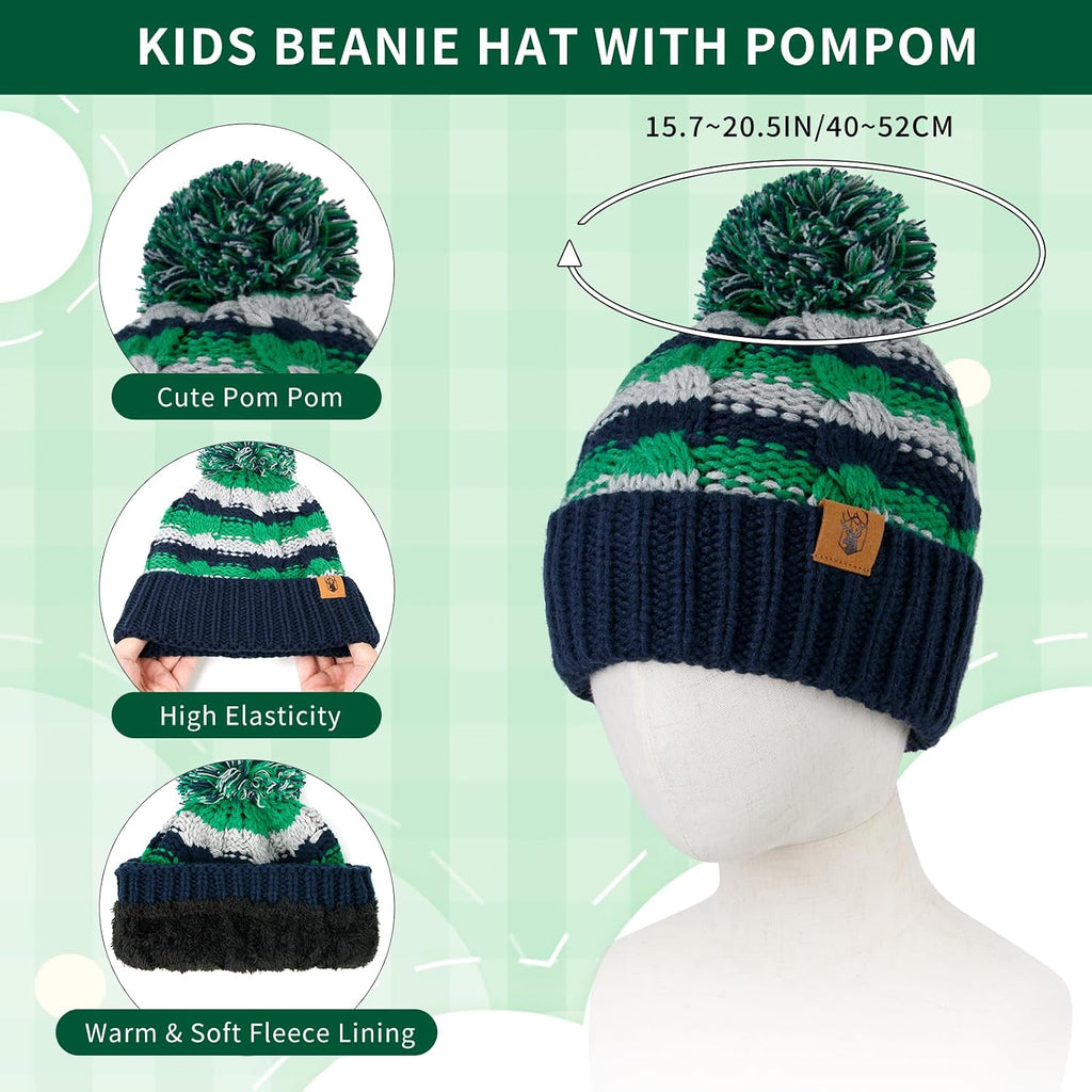 Toddler Boys Winter Pompom Beanie Hat Scarf and Gloves 3PCS Set for Girls | Kids Warm Fleece Lined Knitted Toddler
