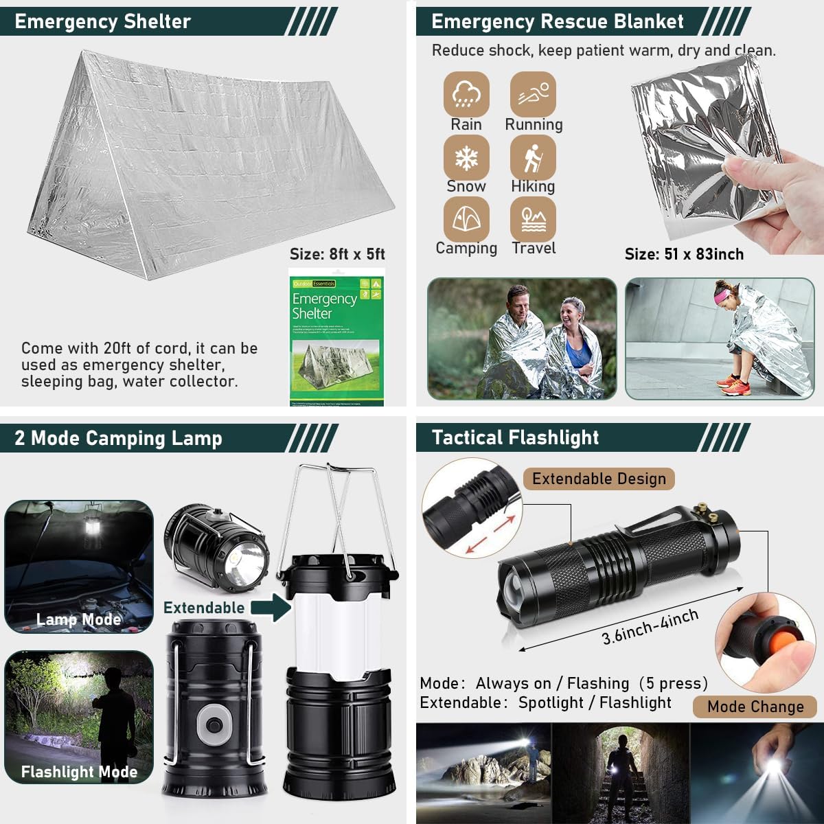 Survival Kit, 262Pcs Survival Gear and Supplies with First Aid Kit Pouch and Crossbody Bag, Emergency Kit with Tent