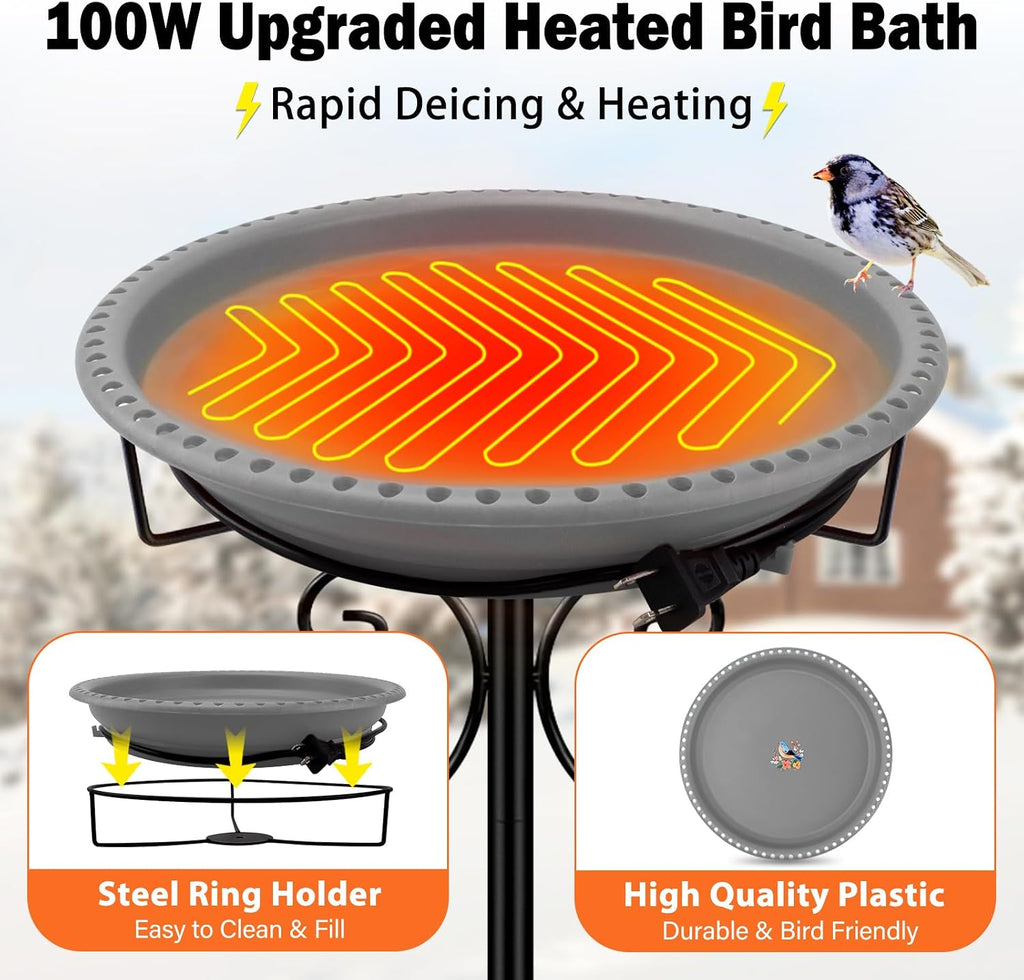 100W Heated Bird Baths for Outdoors, Winter Heated Birdbath, Grey