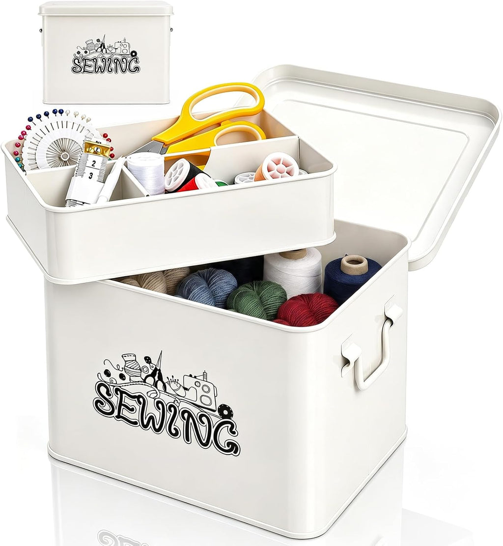 Metal Sewing Box, Sewing Basket Organizer with Handles, 2 Tier Sewing Kit Storage Box with Removable Tray, 4