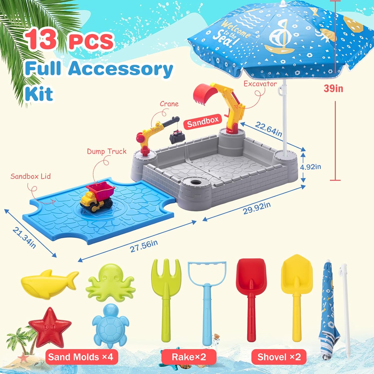 Kids Excavator Sandbox with Umbrella & Cover, Construction Sandbox Set with Beach Toys & Dump Truck, Outdoor