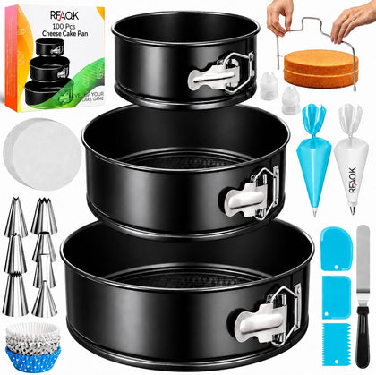 100pcs Cake Pan Sets for Baking + Cake Decorating Supplies: 3 Non-Stick Springform Pans Set (4, 7, 9 inches), Icing