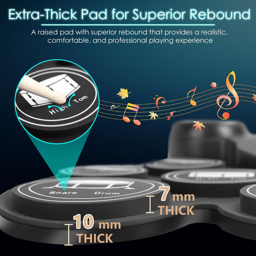Electronic Drum Set with 7-Color LED Light Show on Strike, 9-Pad Electric Drums Set Bluetooth MIDI Support