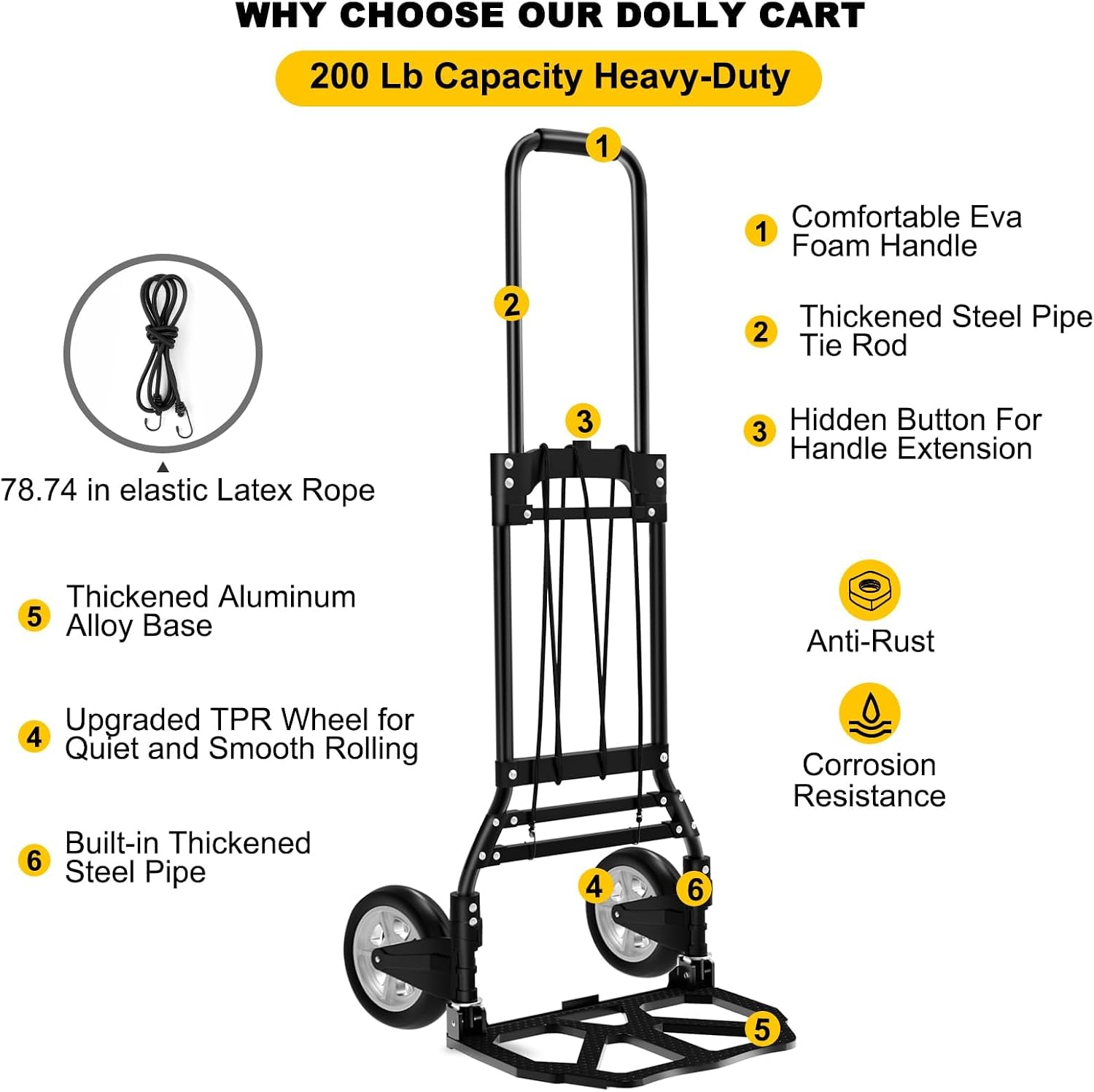 Folding Hand Truck and Dolly, 200 LB Capacity Aluminum Cart with Extended Handle for Travel, Moving, Shopping, Office