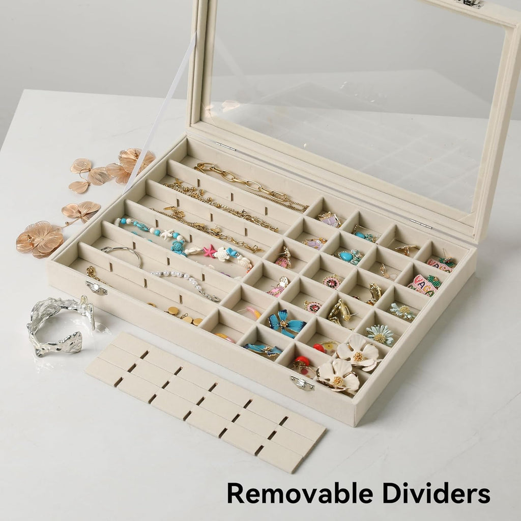 48 Grid Earring Organizer,Velvet Jewelry Tray with Clear Lid | Drawer Jewelry Organizer for Rings Studs