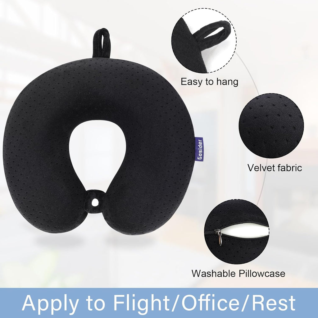 Black Travel Neck Pillow Memory Foam Airplane Pillow for Neck and Head Support Soft Portable U Shape Neck Pillow for