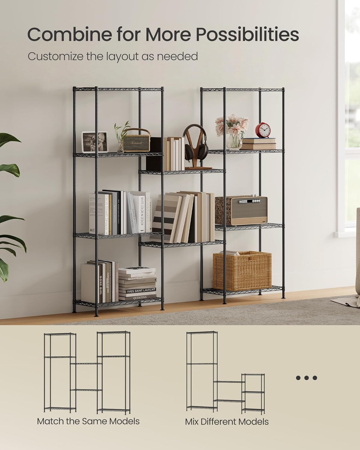 5-Tier Storage Shelves, Adjustable Wire Shelving Unit, 8 Hooks