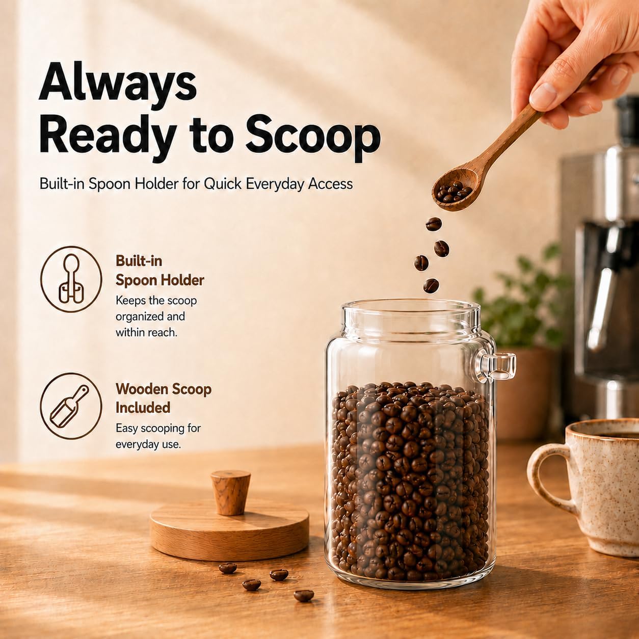 Glass Jar with Lid and Spoon, 20.3oz Airtight Coffee Bean Container for Coffee Beans & Grounds, Cute Glass Coffee
