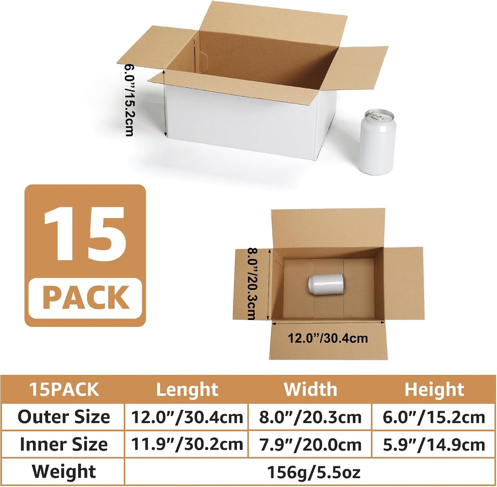 15 Pack 12x8x6 Shipping Boxes for Small Business, White Corrugated Cardboard Small Box for Packaging, Moving