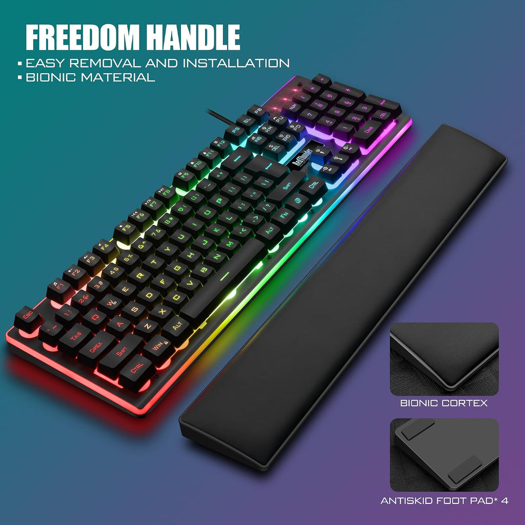 K10 Wired Gaming Keyboard and Mouse and Wrist Rest Combo, RGB Backlit, Mechanical Feel Anti-ghosting Keyboard + 7D