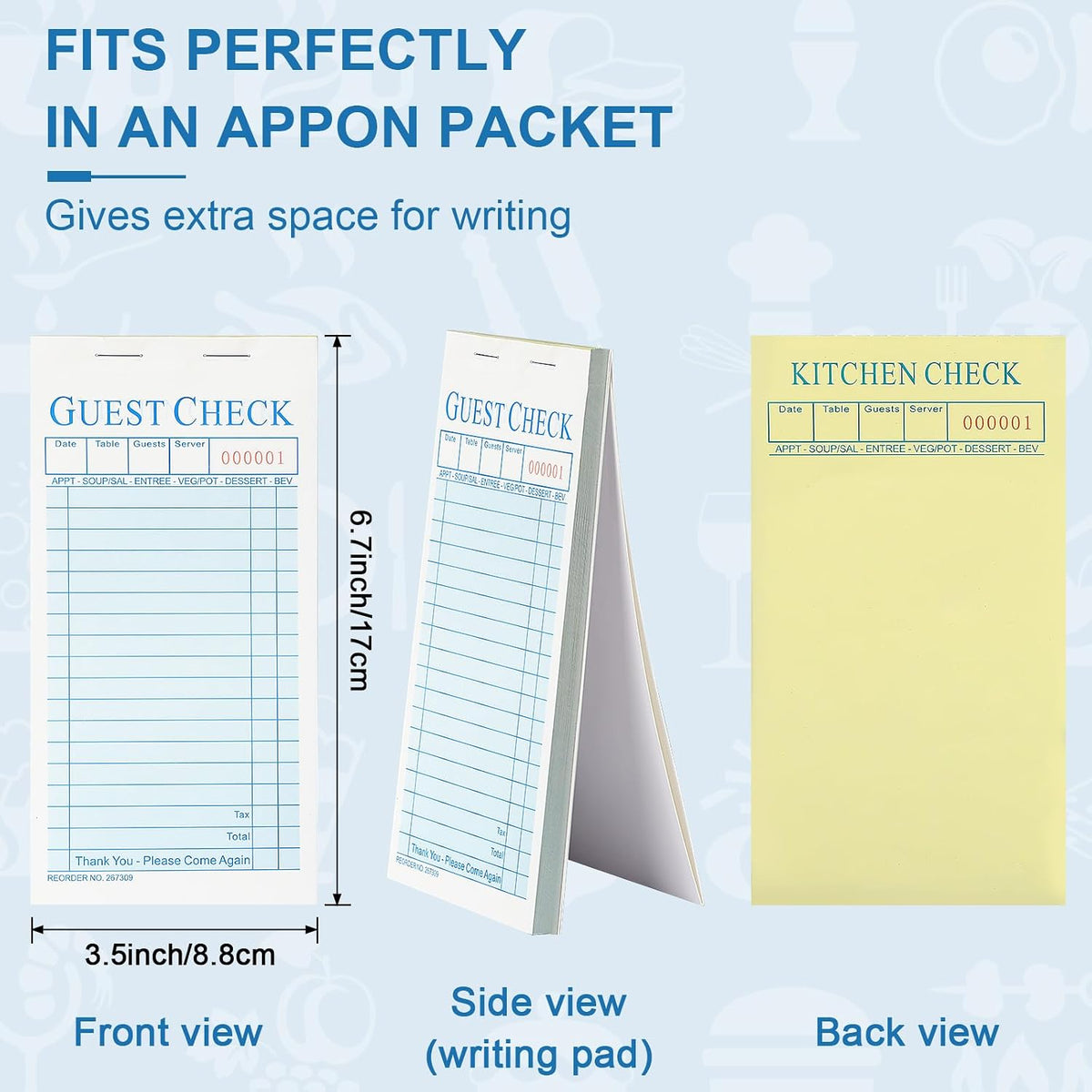 50 Pack Guest Check Pads Server Note Pads 3.5 x 6.7 Inch, Blue