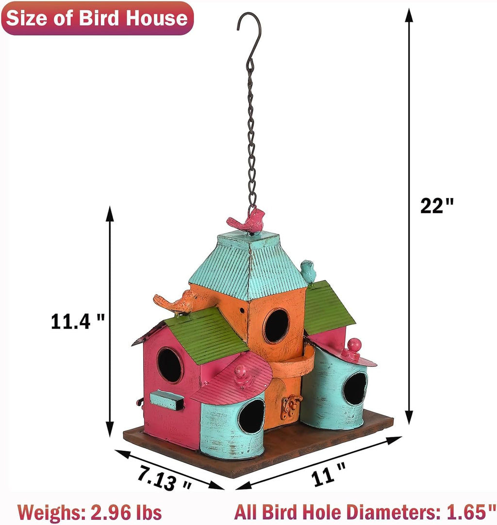 Colorful Metal Bird House for Outside, Hanging Birdhouse with 5-Compartment