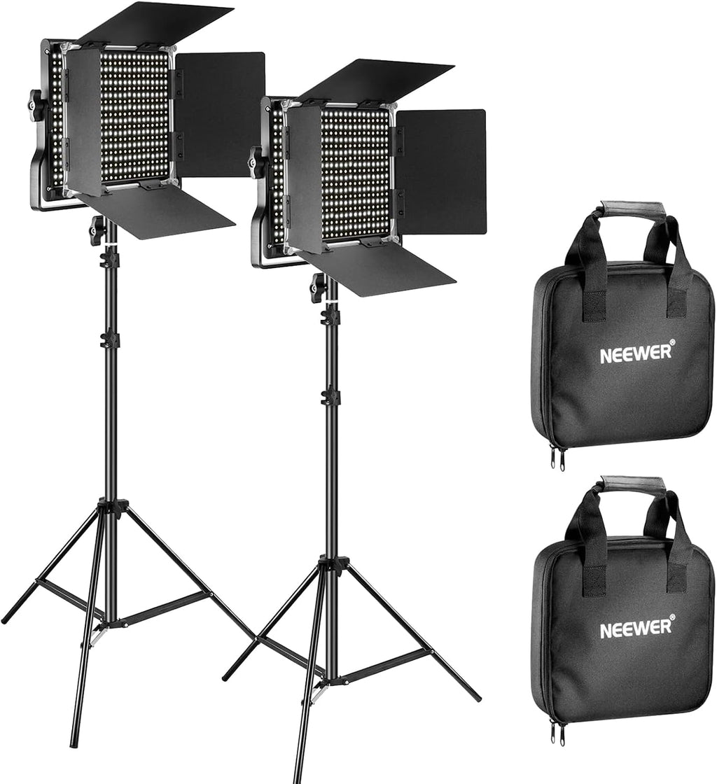 2 Pack Bi Color 660 LED Video Light and Stand Kit: (2) 3200-5600K CRI 96+ Dimmable Light with U Bracket and Barndoor