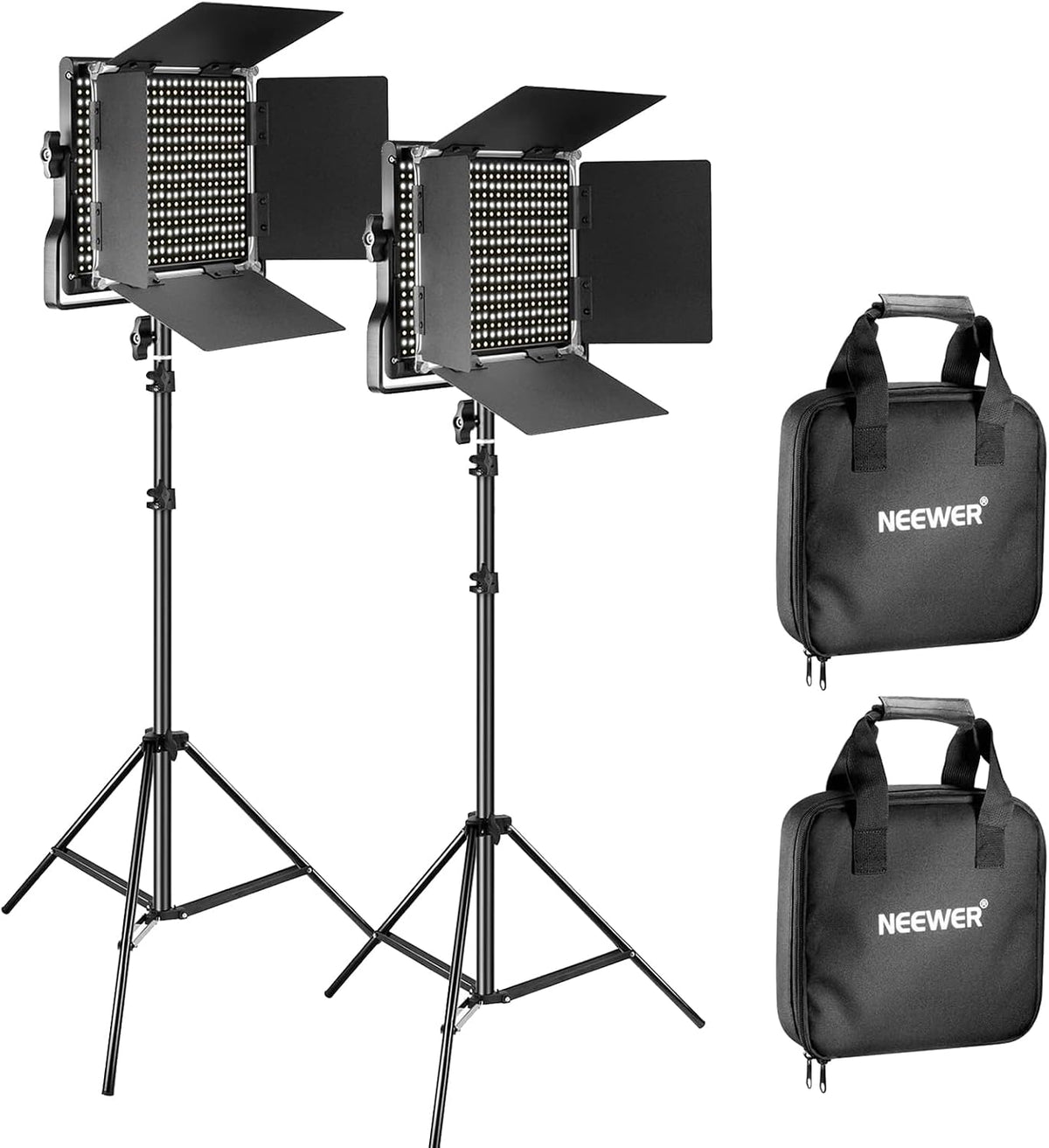 2 Pack Bi Color 660 LED Video Light and Stand Kit: (2) 3200-5600K CRI 96+ Dimmable Light with U Bracket and Barndoor