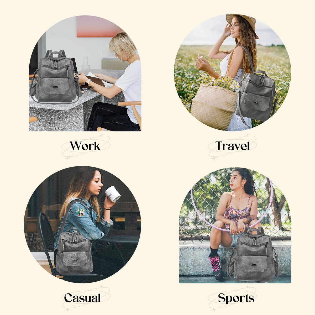 Backpack Purse for Women, PU Leather Ladies Backpack, Grey