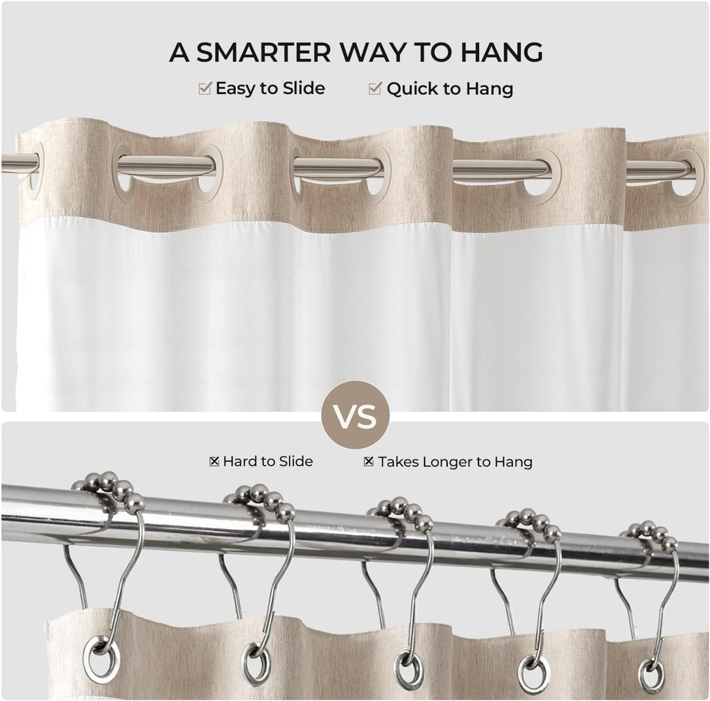 Linen Textured No Hooks Shower Curtain with Liner,Linen,71x74 | Mesh Top Window,with Snap-in Liner,Heavy Duty