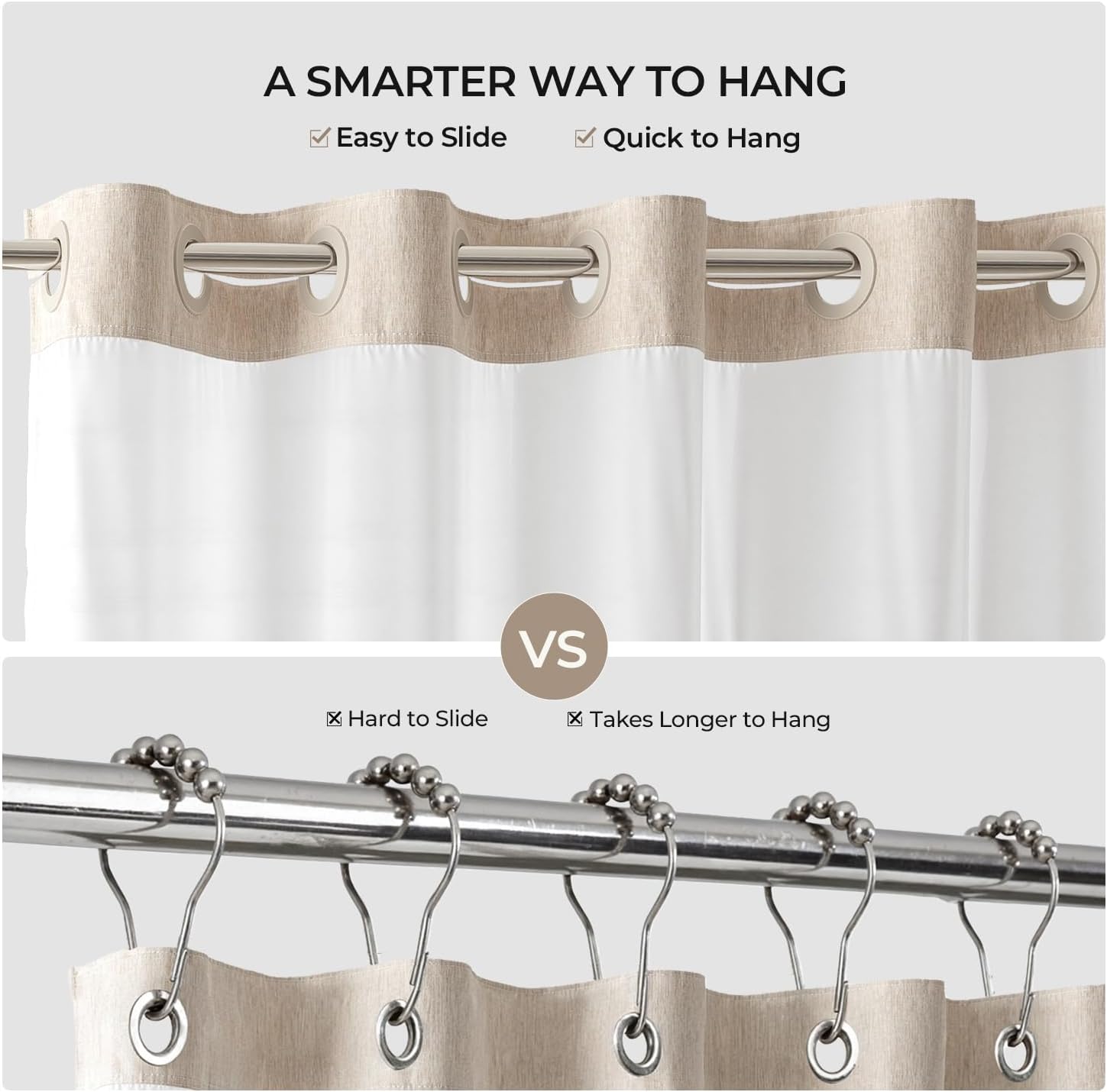 Linen Textured No Hooks Shower Curtain with Liner,Linen,71x74 | Mesh Top Window,with Snap-in Liner,Heavy Duty