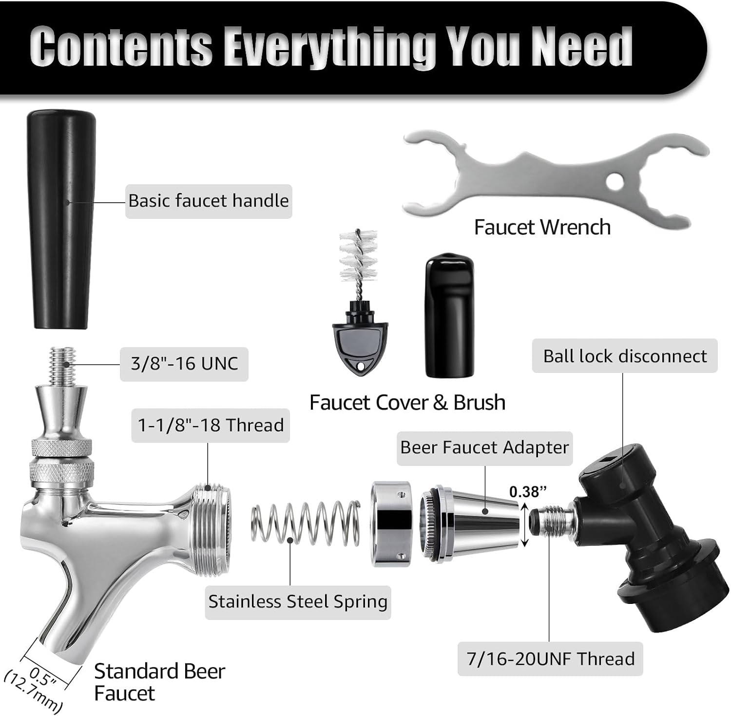 Stainless Steel Core Ball Lock Beer Faucet, Self-Closing Beer Tap | Keg Tap Faucet with Ball Lock Quick Disconnect
