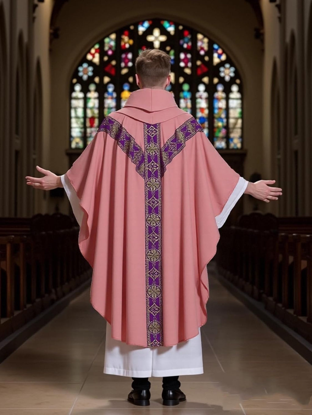Clergy Elegance Church Vestments for Catholic Priests Chasuble Mass Apparel and Round Collar Robe With Pastor Stole