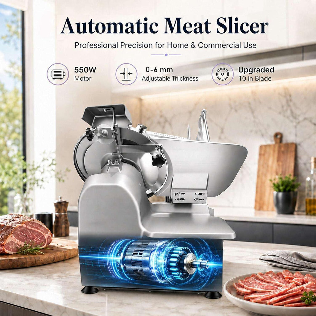 550W Electric Meat Slicer, 550W Commercial Meat Slicer with 10 Inch Carbon Steel Blade, Adjustable Thickness for