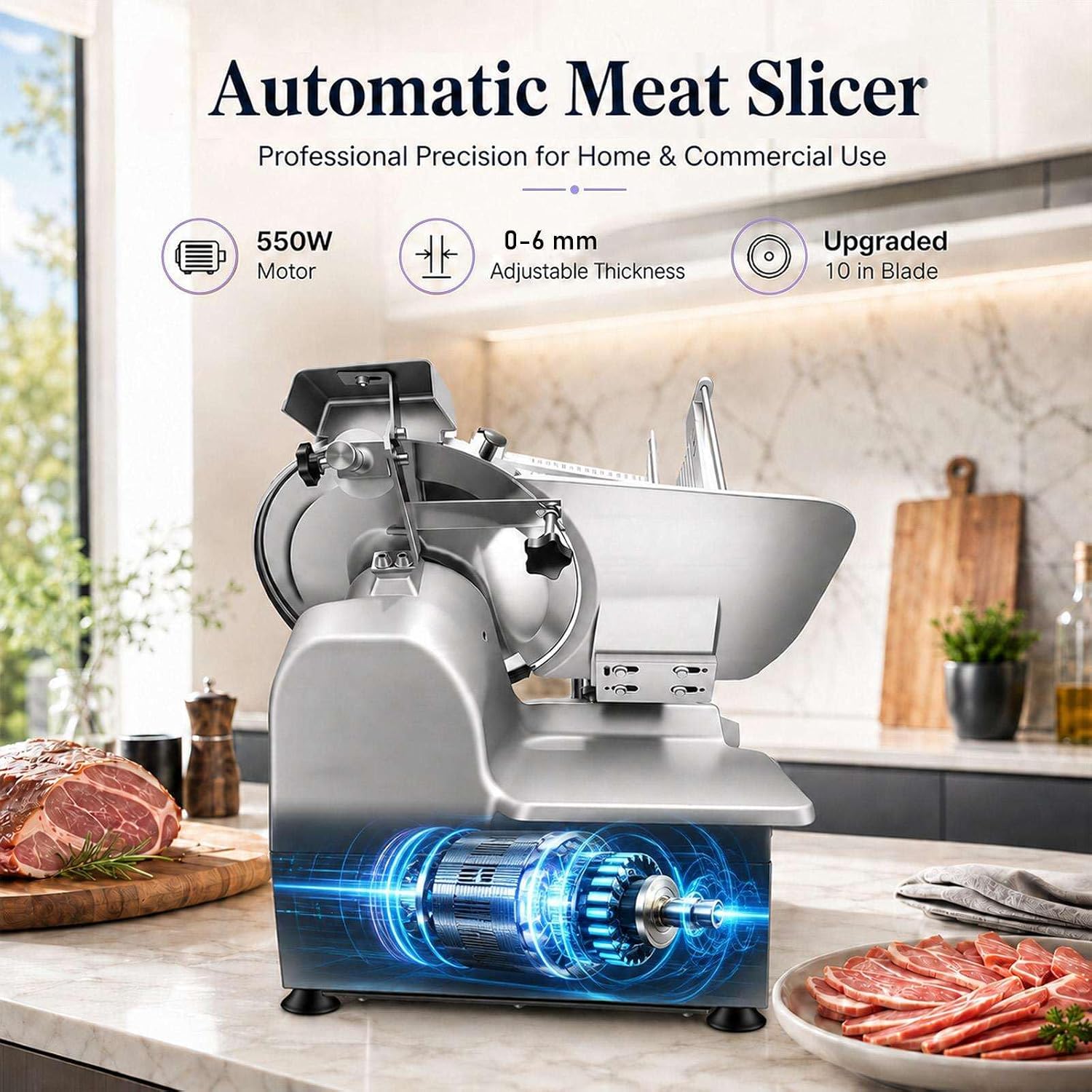 550W Electric Meat Slicer, 550W Commercial Meat Slicer with 10 Inch Carbon Steel Blade, Adjustable Thickness for